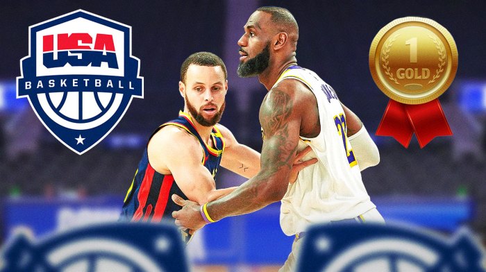 Warriors superstar Stephen Curry next to Lakers superstar LeBron James with the Team USA logo and a gold medal in the background