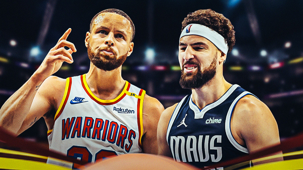 Stephen Curry in a Warriors jersey and Klay Thompson in a Mavs jersey.