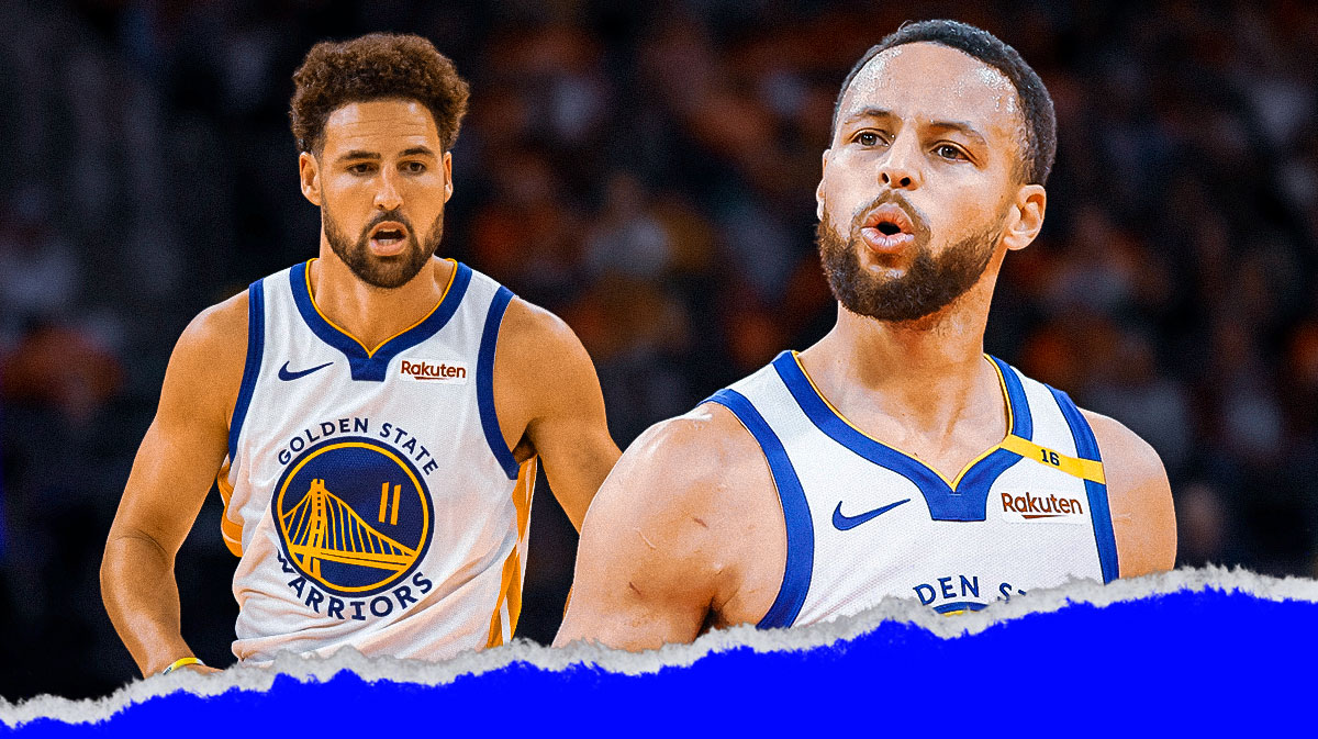 Stephen Curry beside Klay Thompson wearing Warriors gear both looking hyped.