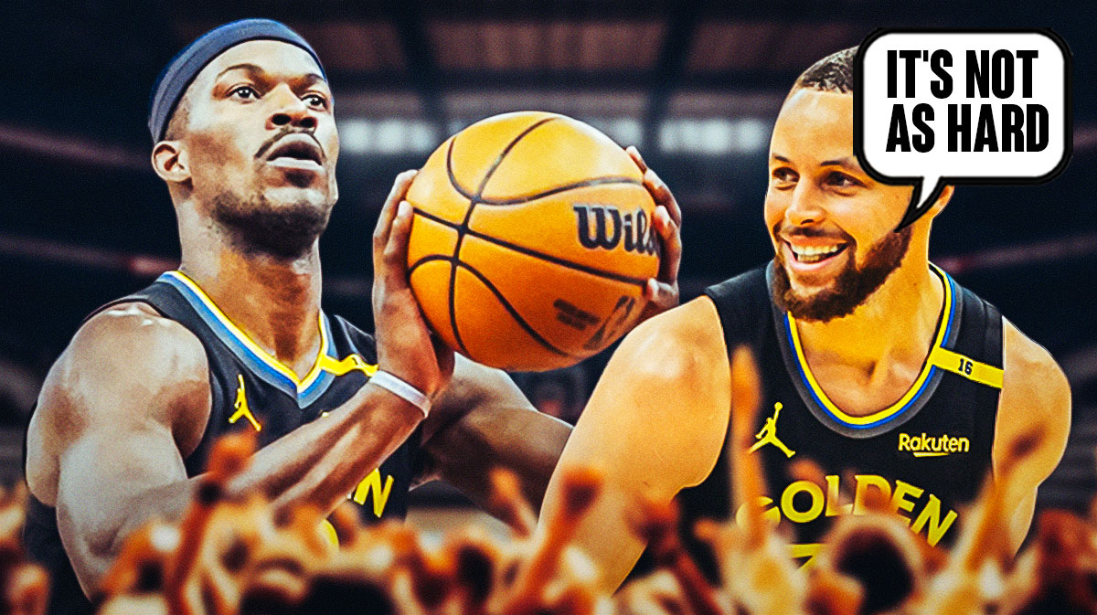 Stephen Curry with a thought bubble that says "It's not as hard" and Jimmy Butler in a Warriors jersey is standing next to him, smiling