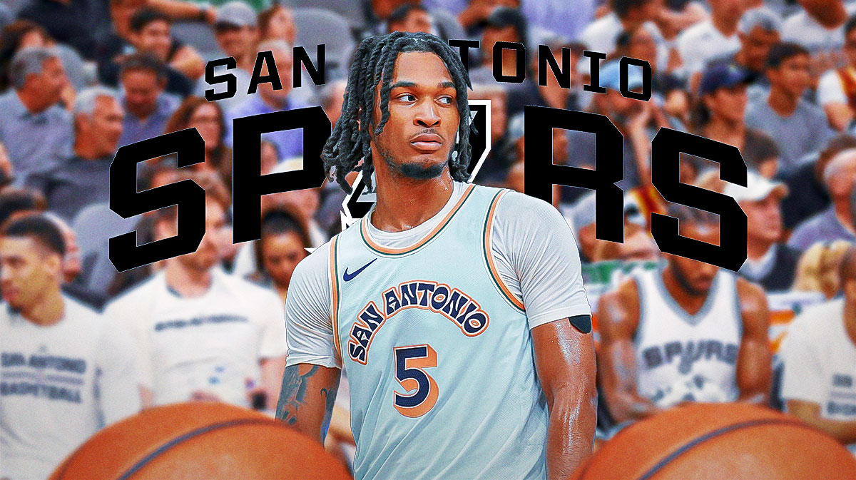 Stephon Castle looking determined image, Spurs logo, maybe a shot of a NBA bench or something that indicates a subsitute