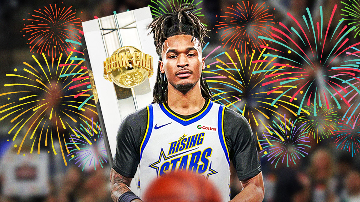Spurs' Stephon Castle in an NBA All-Star Rising Stars jersey and the Risign Stars game MVP Trophy with fireworks in the background.