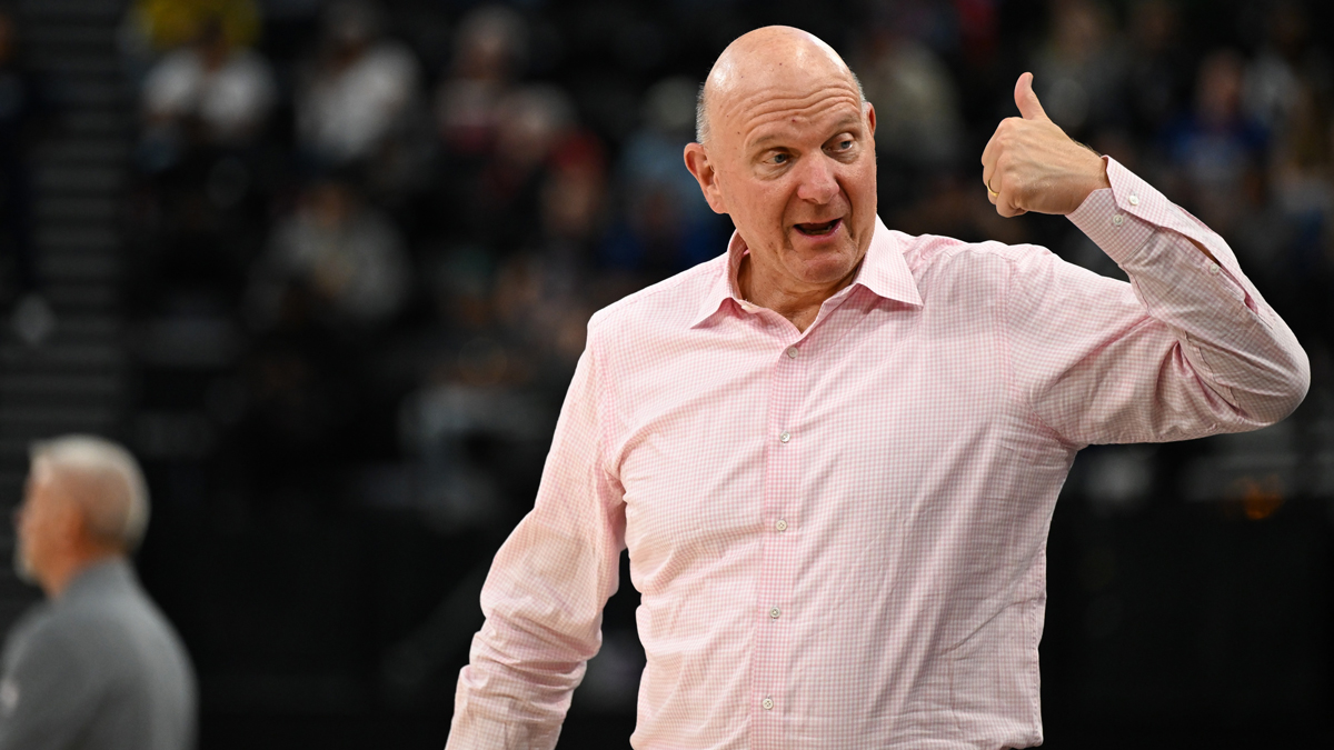 La Clippers The owner of Steve Ballmer reacts to the game against Dallas Mavericks during the first half in Intuit Dome.