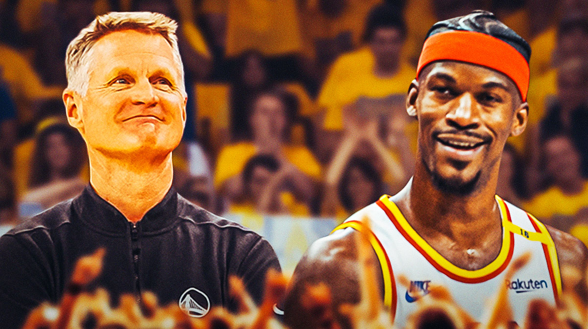Warriors head coach Steve Kerr smiling, with Jimmy Butler smiling beside him, along with silhouettes of fans below them and a background of the Warriors home arena.
