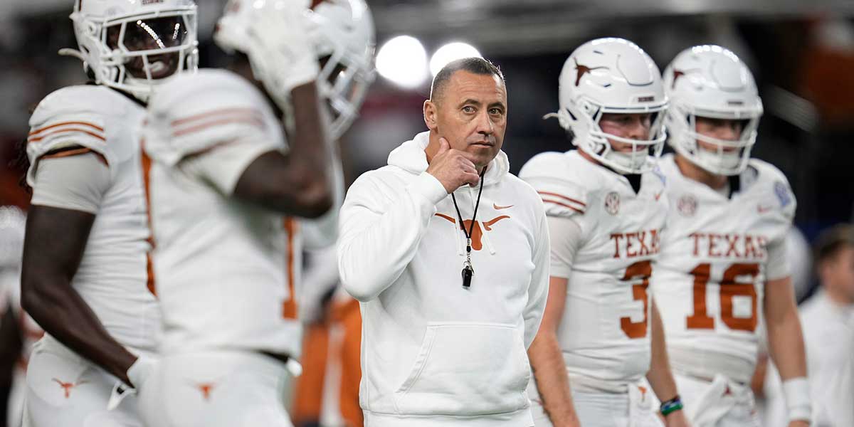 Texas Longhorns head coach Steve Sarkisian leads warm ups prior to the Cotton Bowl Classic College Football Playoff semifinal game between the Ohio State Buckeyes and the Texas Longhorns at AT&T Stadium in Arlington, Texas on Jan. 10, 2025.