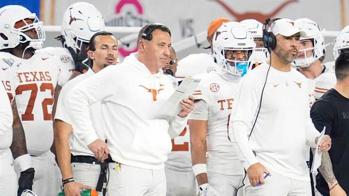 Texas Longhorns head coach Steve Sarkisian watches from the sideline during the first half of the Cotton Bowl Classic College Football Playoff semifinal game against the Ohio State Buckeyes at AT&T Stadium in Arlington, Texas on Jan. 10, 2025.