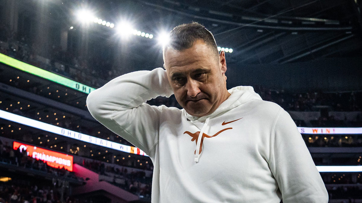 Texas coach Steve Sarkisian reacts as he heads to the locker room after his team's loss to Ohio State in the 2025 Cotton Bowl