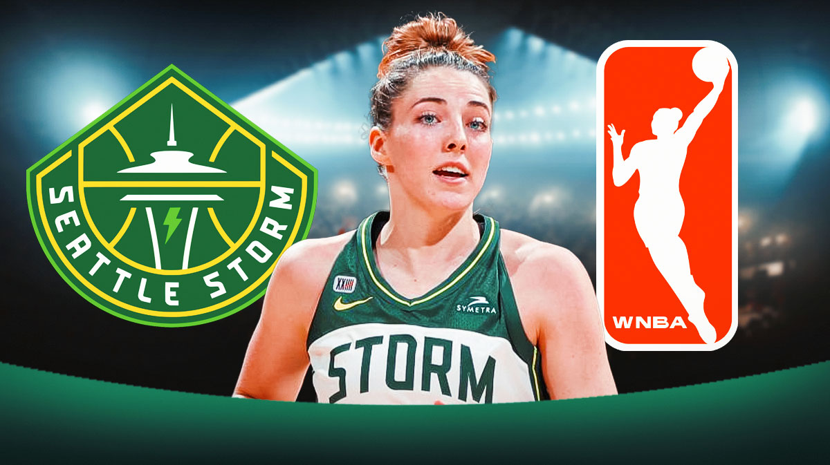 Katie Lou Samuelson in a Seattle Storm jersey. There are also logos for the Seattle Storm and the WNBA.