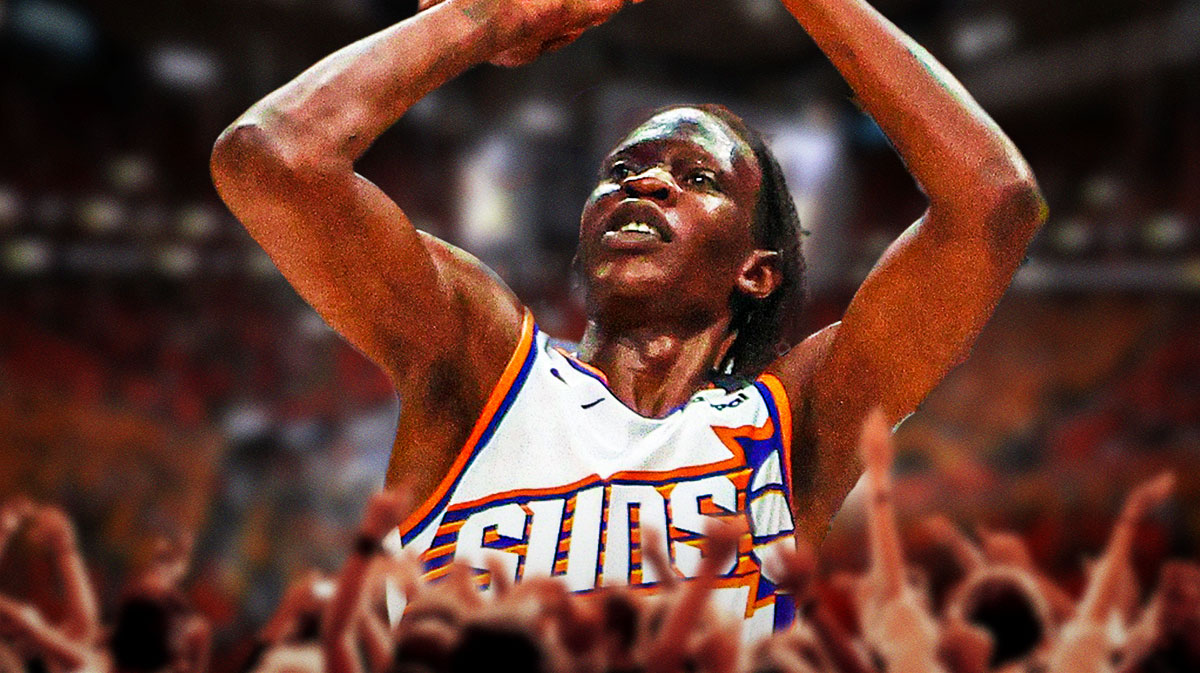Suns center Bol Bol shooting a ball of fire and the Suns' home arena in the background.