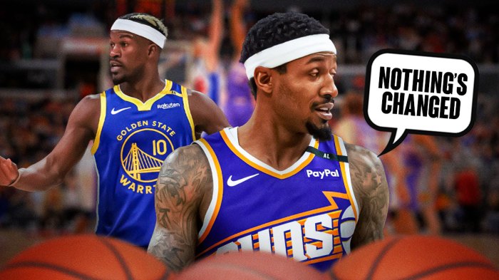 Bradley Beal with a thought bubble that says “Nothing’s changed” and Jimmy Butler in a Golden State Warriors jersey next to him.