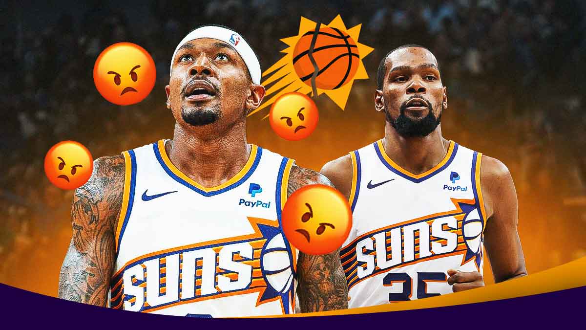 Bradley Beal with angry emojis around him, with Kevin Durant looking defeated and the Suns logo in a ripped effect below the image.