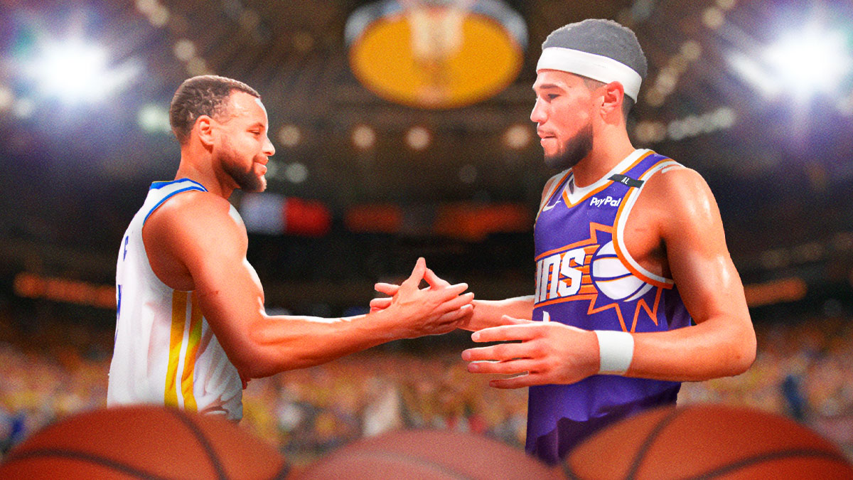 Devin Booker and Stephen Curry shaking hands and smiling at one another, with a background of the Chase Center.