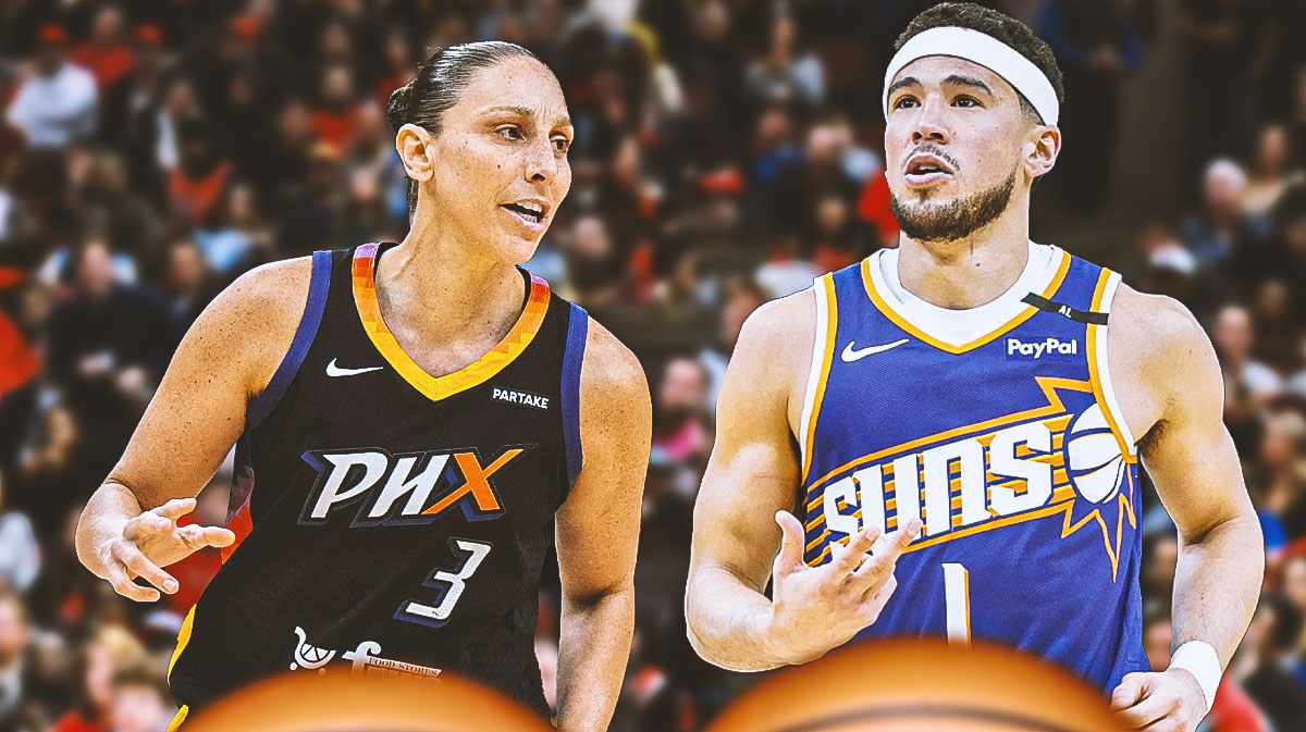 Devin Booker and Diana Taurasi smiling together, with a background of the Suns home arena.