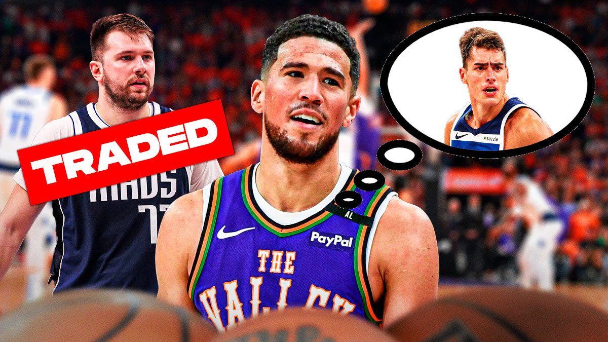 Suns guard Devin Booker with a thought bubble that has Luka Garza inside. There’s also a photo of Luka Doncic in a Maverick jersey with a stamp mark over him that says “traded”