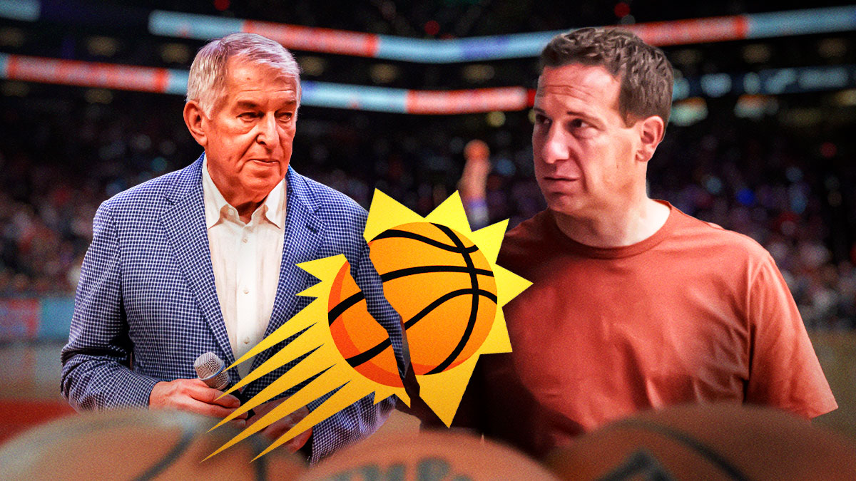 Former Suns owner Jerry Colangelo looking angry at current Suns owner Mat Ishbia, with a torn graphic of the Suns logo at the bottom of the image.