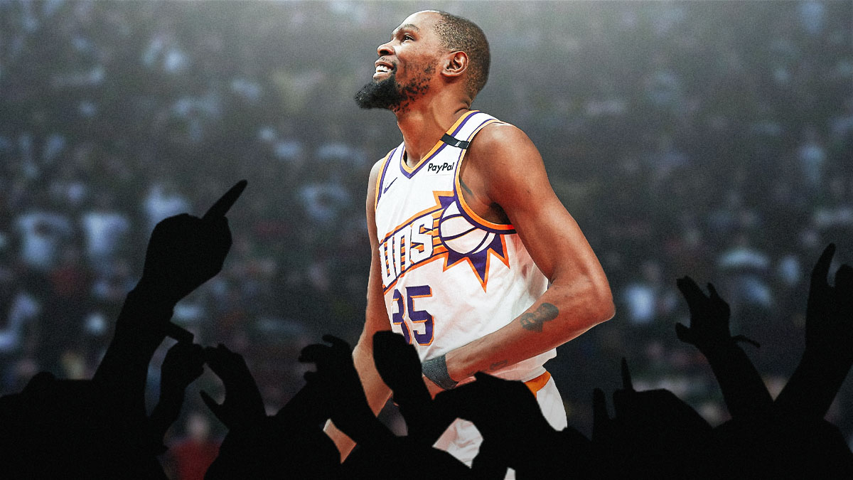 Silhouettes of fans below Kevin Durant, and Durant smiling in a Phoenix Suns jersey.