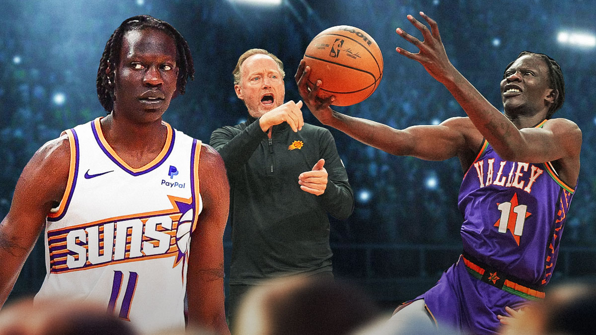 Bol Bol in a Suns jersey, looking hyped, and then there's another photo of Bol Bol shooting a ball, with Mike Budenholzer giving a thumbs-up next to him.