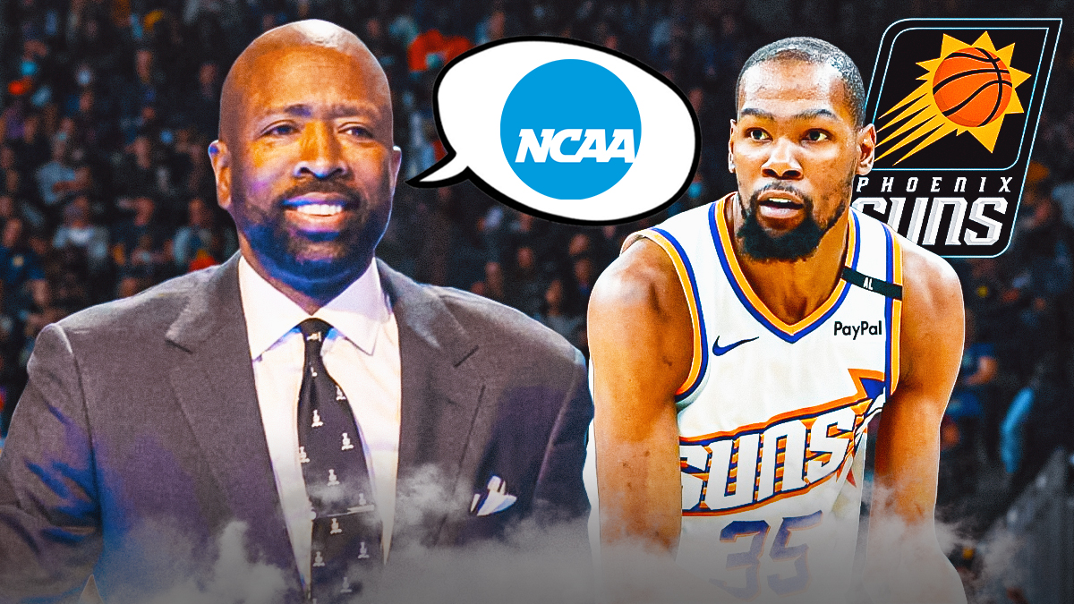 Kenny Smith with a thought bubble of the NCAA logo, and Kevin Durant the Suns logo are next to Smith.