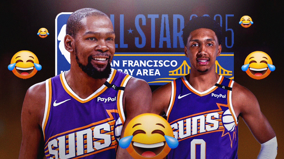 Suns forwards Ryan Dunn and Kevin Durant smiling with laughing emojis around them, and the 2025 NBA All-Star Game logo behind them.
