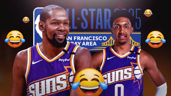 Suns forwards Ryan Dunn and Kevin Durant smiling with laughing emojis around them, and the 2025 NBA All-Star Game logo behind them.
