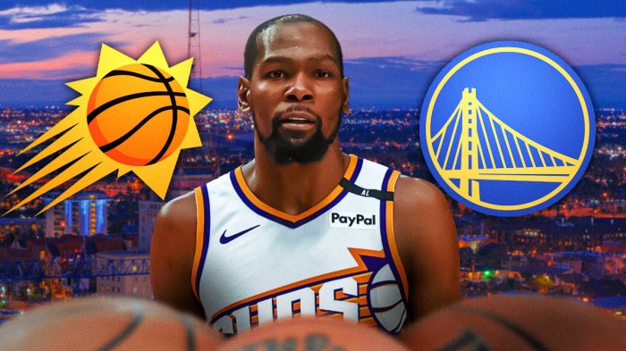 Suns superstar Kevin Durant next to the Suns and Warriors logos with the Phoenix skyline in the background
