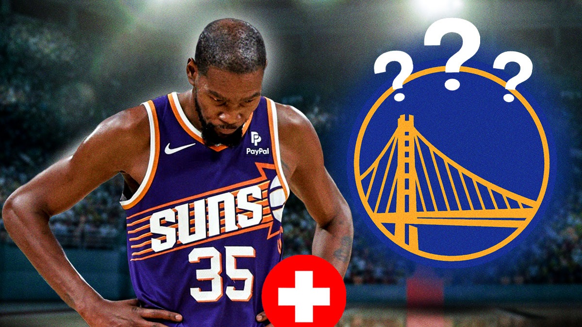 Kevin Durant with medical signs around him, and him looking deflated with the Warriors logo next to him, with question marks surrounding the logo.
