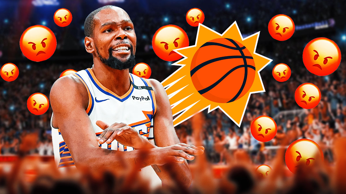 Kevin Durant with the Suns logo beside him. All around the logo are the angry emojis and silhouettes of fans below him.