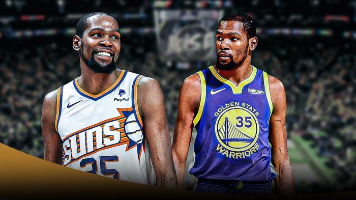 Kevin Durant in a Suns jersey on the left, Kevin Durant during his time with the Warriors on the right, inside Oracle Arena