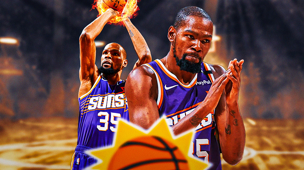 Kevin Durant shooting a three pointer, and fire coming out of the ball. There's also another picture of Durant looking hyped.