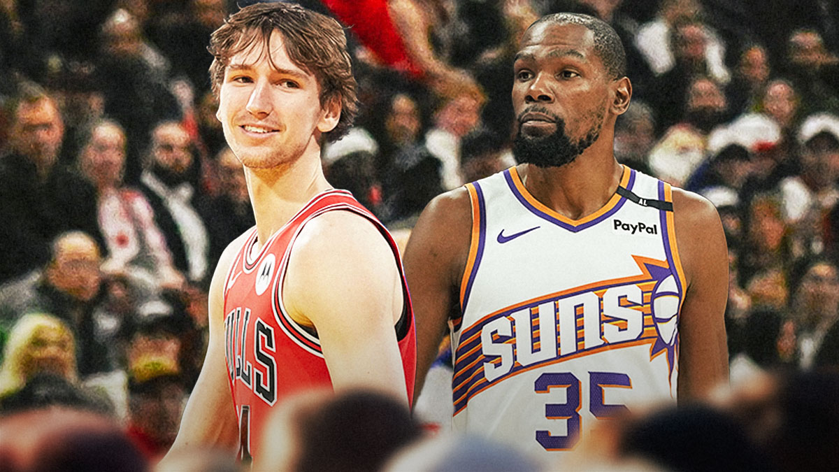 Suns, Bulls, Kevin Durant, Matas Buzelis, Bulls Suns, Kevin Durant in Suns uniform and Matas Buzelis in Bulls uniform, Bulls arena in the background