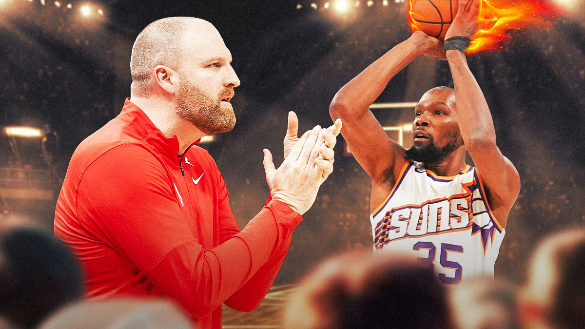 Grizzlies coach Taylor Jenkins clapping his hands, with Suns forward Kevin Durant shooting a basketball on fire.