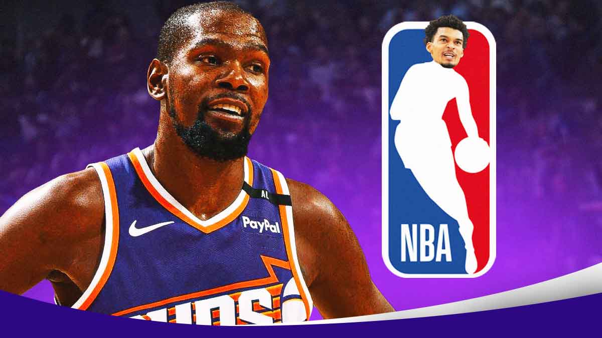 Suns forward Kevin Durant smiling, with Victor Wembanyama's face on the NBA logo, and a background of the Suns current home arena.