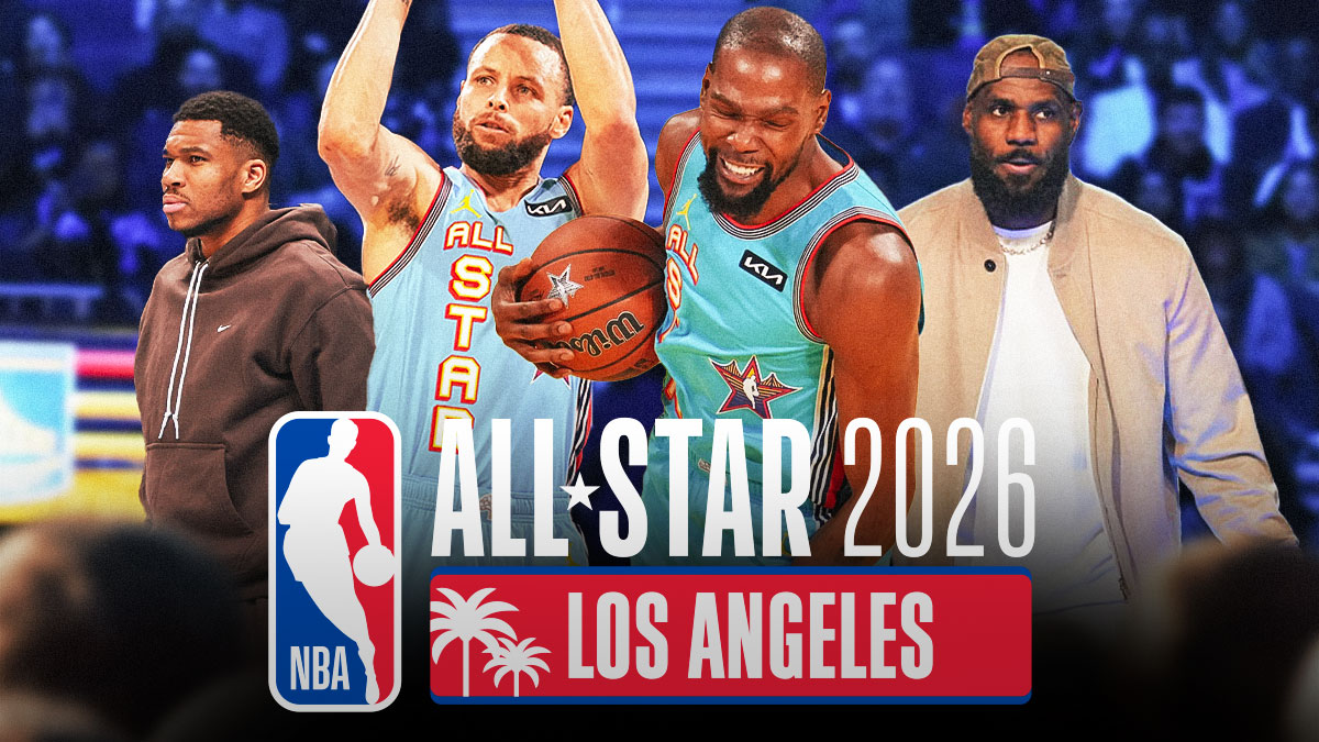 Suns' Kevin Durant smiling, with LeBron James, Stephen Curry, and Giannis Antetokounmpo beside him, with All-Star 2026 Los Angeles logo beside them