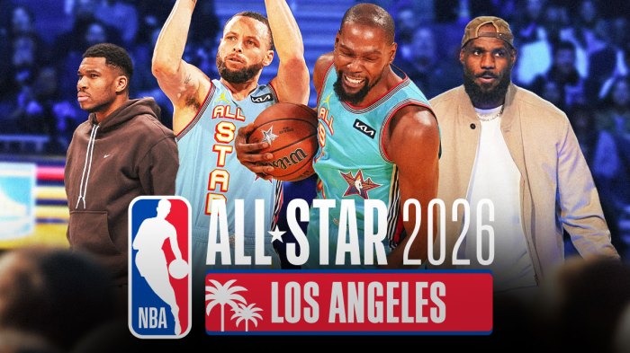 Suns' Kevin Durant smiling, with LeBron James, Stephen Curry, and Giannis Antetokounmpo beside him, with All-Star 2026 Los Angeles logo beside them