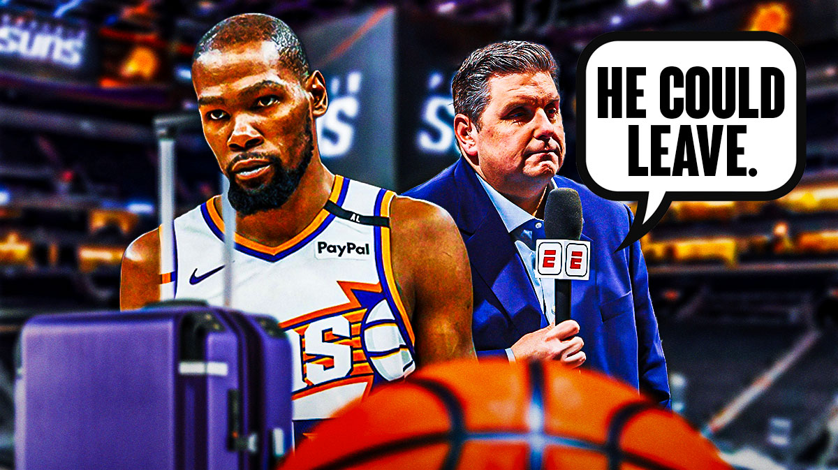 Kevin Durant with a backpack on, and question marks around him. Also, there's a picture of Brian Windhorst next to him, and he has a thought bubble that says "He could leave."