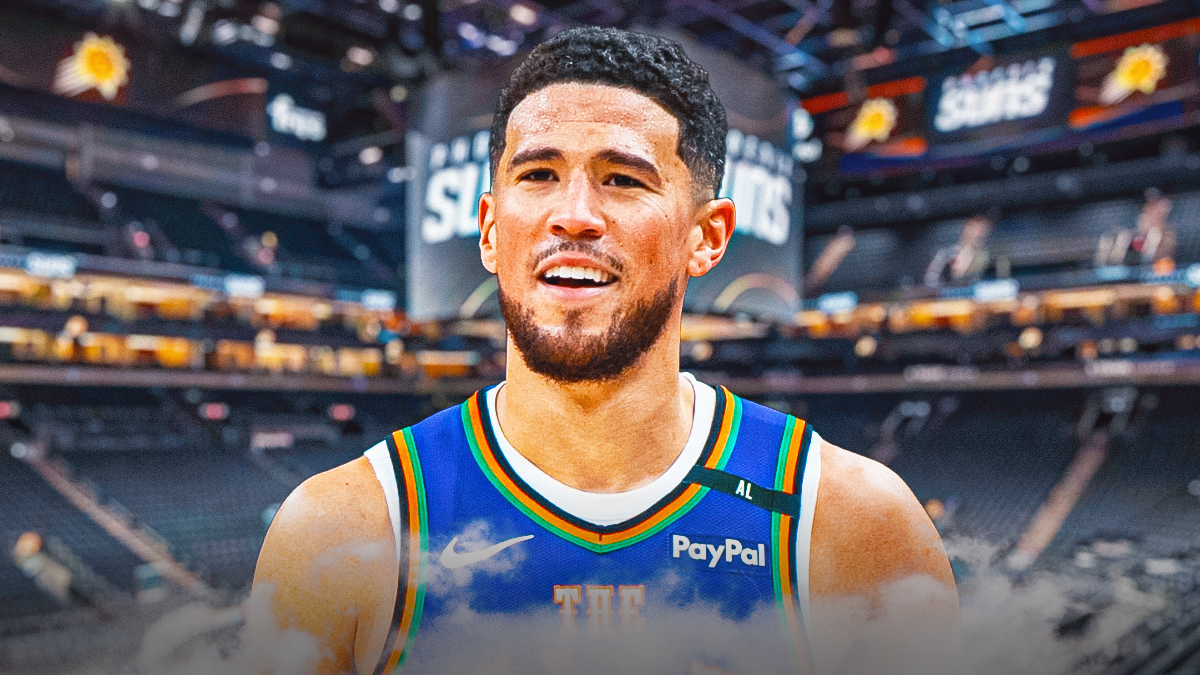 Devin Booker, Suns, Mat Ishbia, Devin Booker Suns, Mat Ishbia Suns, Devin Booker in Suns uni smiling, Suns arena in the background