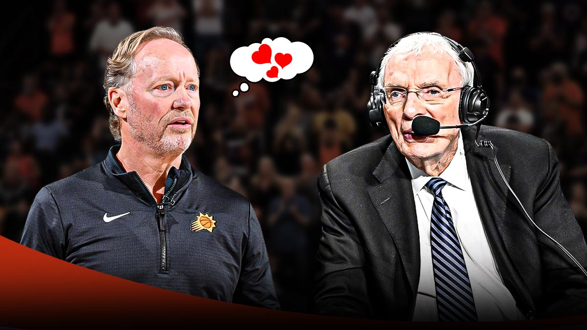 Suns head coach Mike Budenholzer with a thought bubble that has a heart in it, and Hubie Brown with a headset on, smiling next to him.