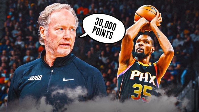 Suns head coach Mike Budenholzer with hearts over his eyes, and Kevin Durant shooting a ball. Budenholzer also has a thought bubble that says “30,000 points= and next to the equal sign is Durant’s headshot.