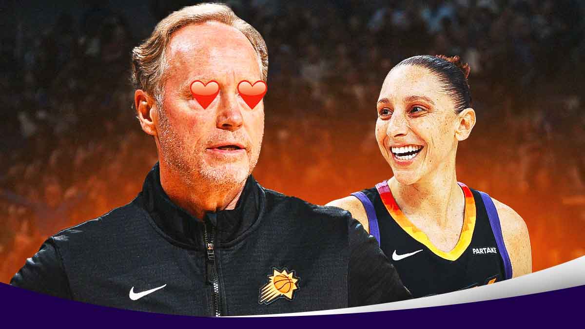 Mike Budenholzer with hearts over his eyes, and Diana Taurasi standing beside him