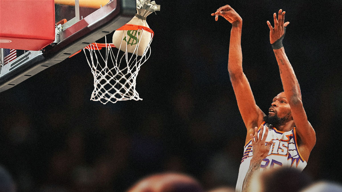 Kevin Durant shooting a basketball, and instead of the ball falling through the basketball net, it's a bunch of money.