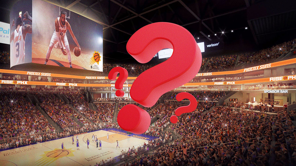 A picture of the outside of the Suns home arena and question marks surrounding it.