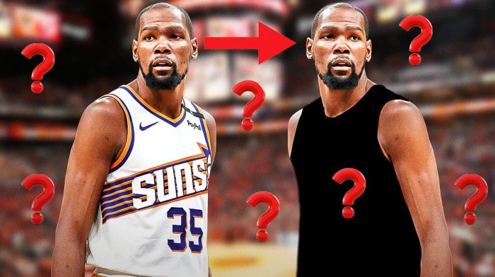 Kevin Durant on one side in a Phoenix Suns uniform with an arrow pointing to Kevin Durant on the other side in a blank uniform, a bunch of question marks in the background