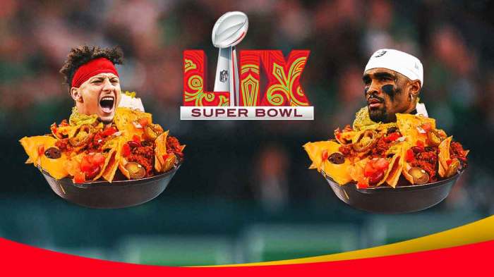 Patrick Mahomes sticking out of a plate of nachos on one side. Saquon Barkley sticking out of nachos on the other side. Super Bowl LIX logo in between.