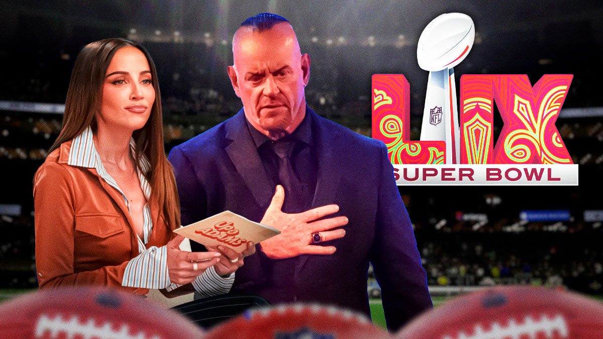 Kay Adams and WWE star The Undertaker with Super Bowl 59 logo and Caesars Superdome background.