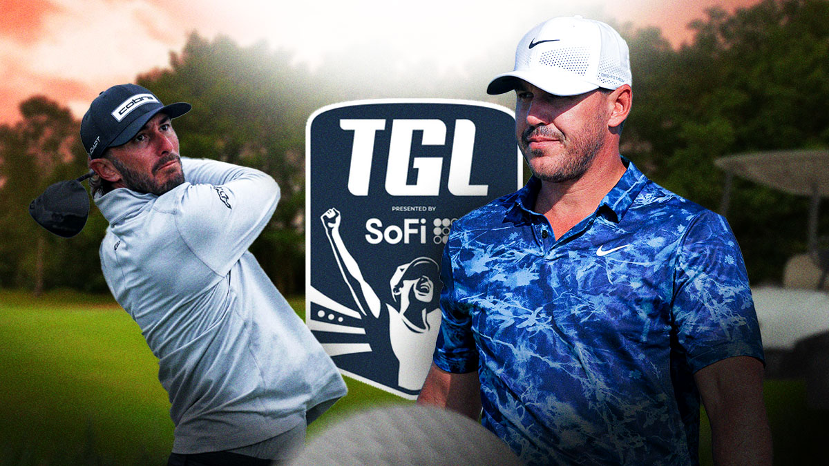 Brooks Koepka and Max Homa. TGL logo in the middle
