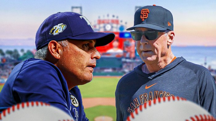 Rays Kevin Cash looking at Giants Bob Melvin