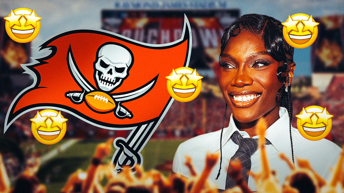 The Tampa Bay Buccaneers logo on one side, Doechii on the other side, a bunch of the stars in eyes emojis on the other side