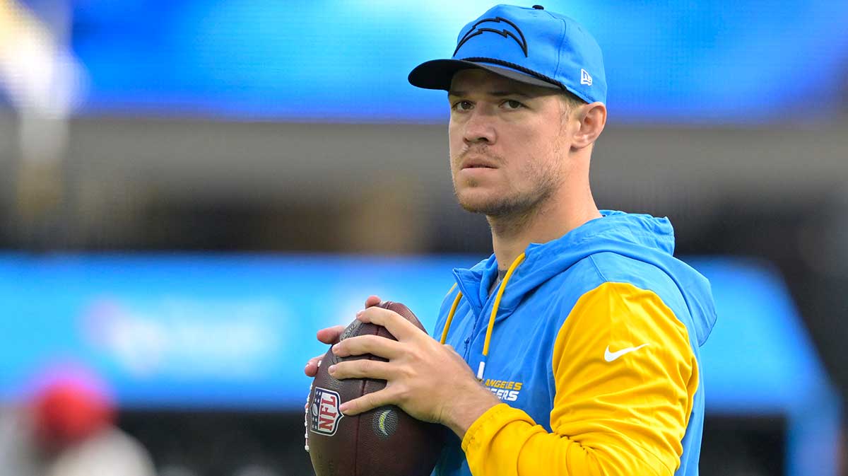 Los Angeles Chargers quarterback Taylor Heinicke (8) warms up prior to the game against the Tampa Bay Buccaneers at SoFi Stadium.