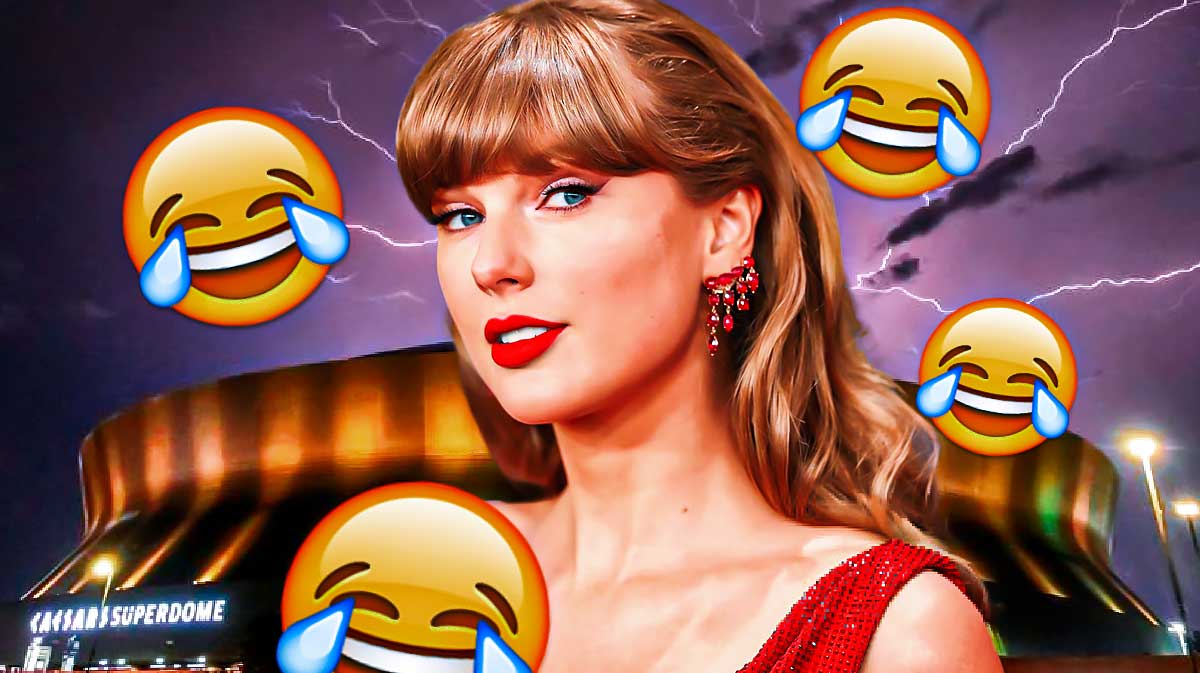 Taylor Swift, who was booed at Kansas City Chiefs and Philadelphia Eagles Super Bowl 59 game, with laughing emojis and Caesars Superdome background.