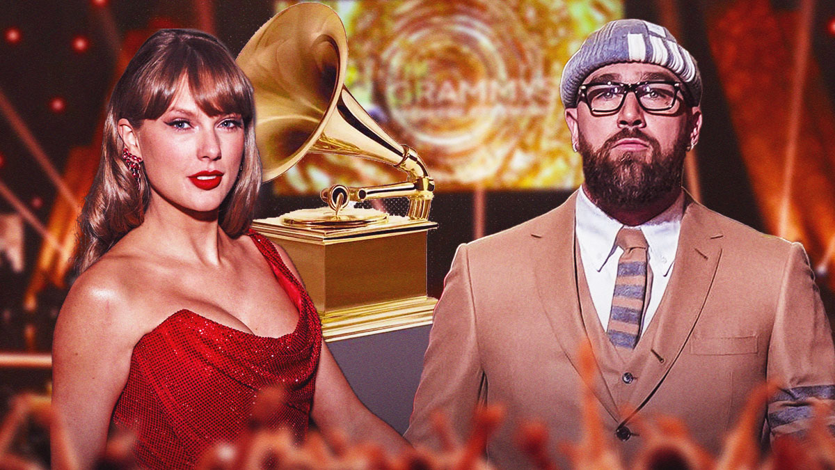 Taylor Swift in her current Grammy outfit with the grammy award behind her, and Travis Kelce too